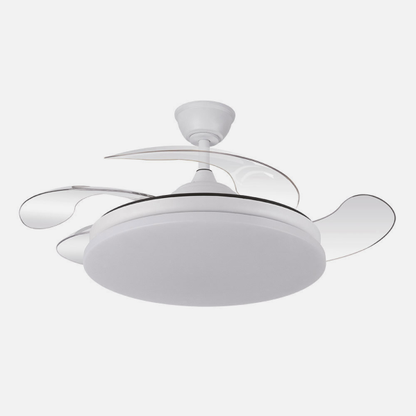 Alt Image: Ventilador de techo Tridente Blanco Abrila modelo 236391301 con aspas retráctiles, LED integrado y regulable en intensidad, ideal para ventilación en verano e invierno, diseño doméstico interior.