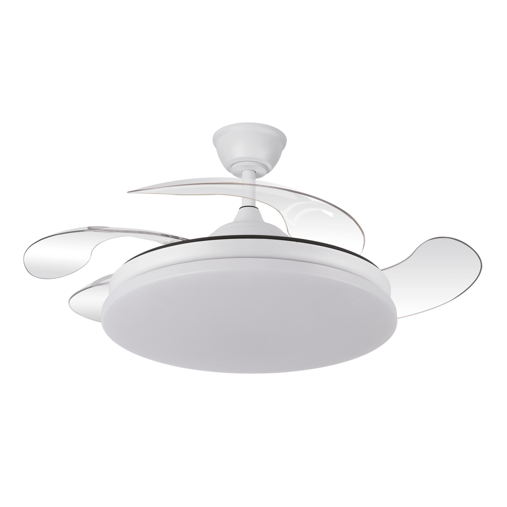 `alt=Ventilador de techo Tridente Blanco Abrila 59W con aspas retráctiles, LED integrado y regulable para uso doméstico interior`
