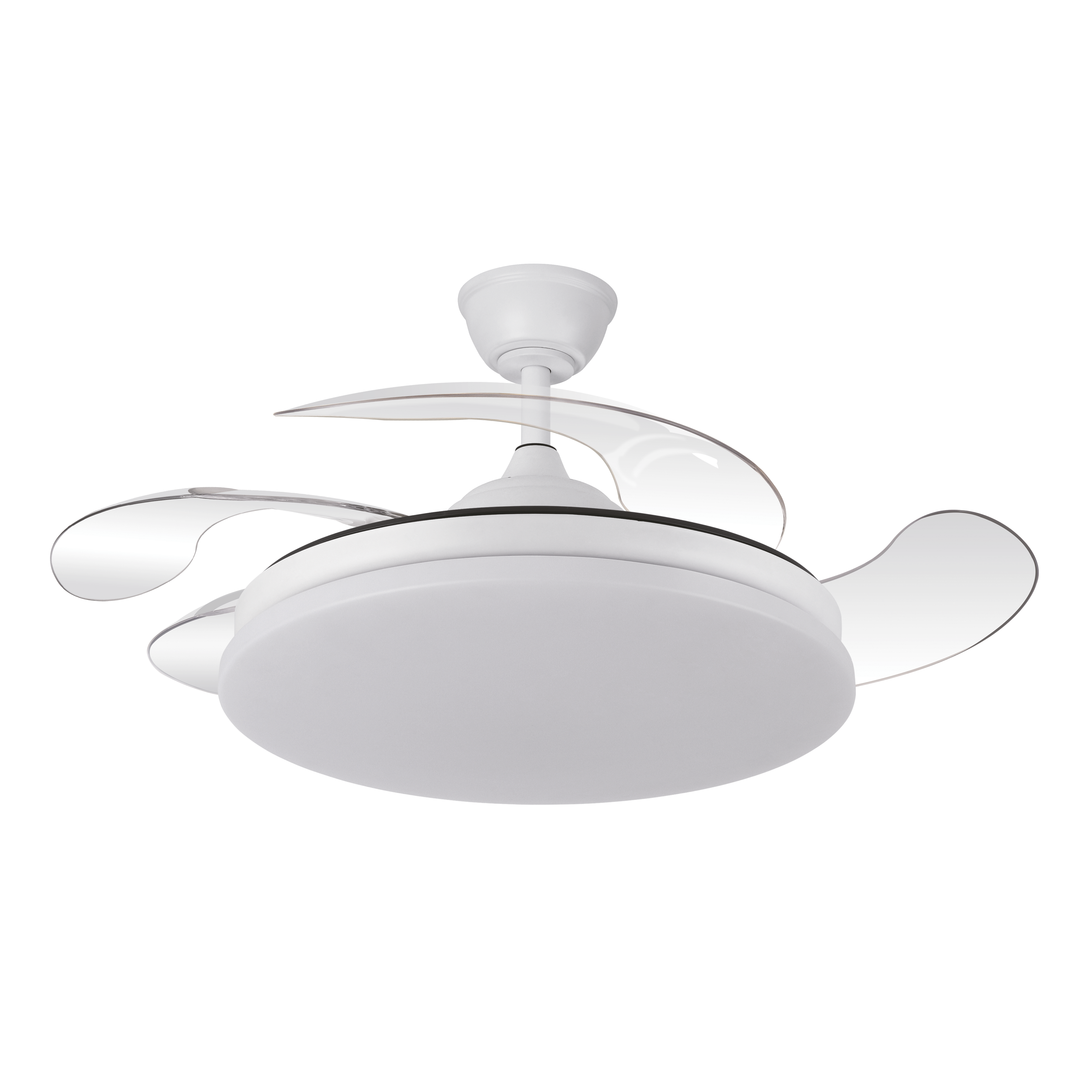 `alt=Ventilador de techo Tridente Blanco Abrila 59W con aspas retráctiles, LED integrado y regulable para uso doméstico interior`