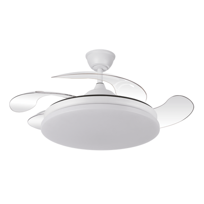 `alt=Ventilador de techo Tridente Blanco Abrila 59W con aspas retráctiles, LED integrado y regulable para uso doméstico interior`