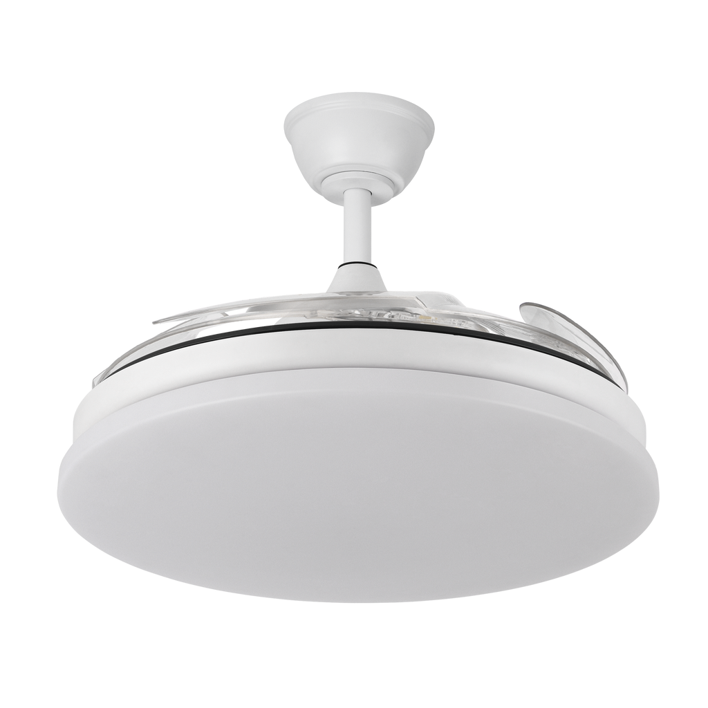 Ventilador de techo Tridente Blanco 59W de Abrila con LED integrado y aspas retráctiles, modelo 236391301. Ideal para uso doméstico interior, regulable en intensidad y adecuado para ventilación en verano e invierno.