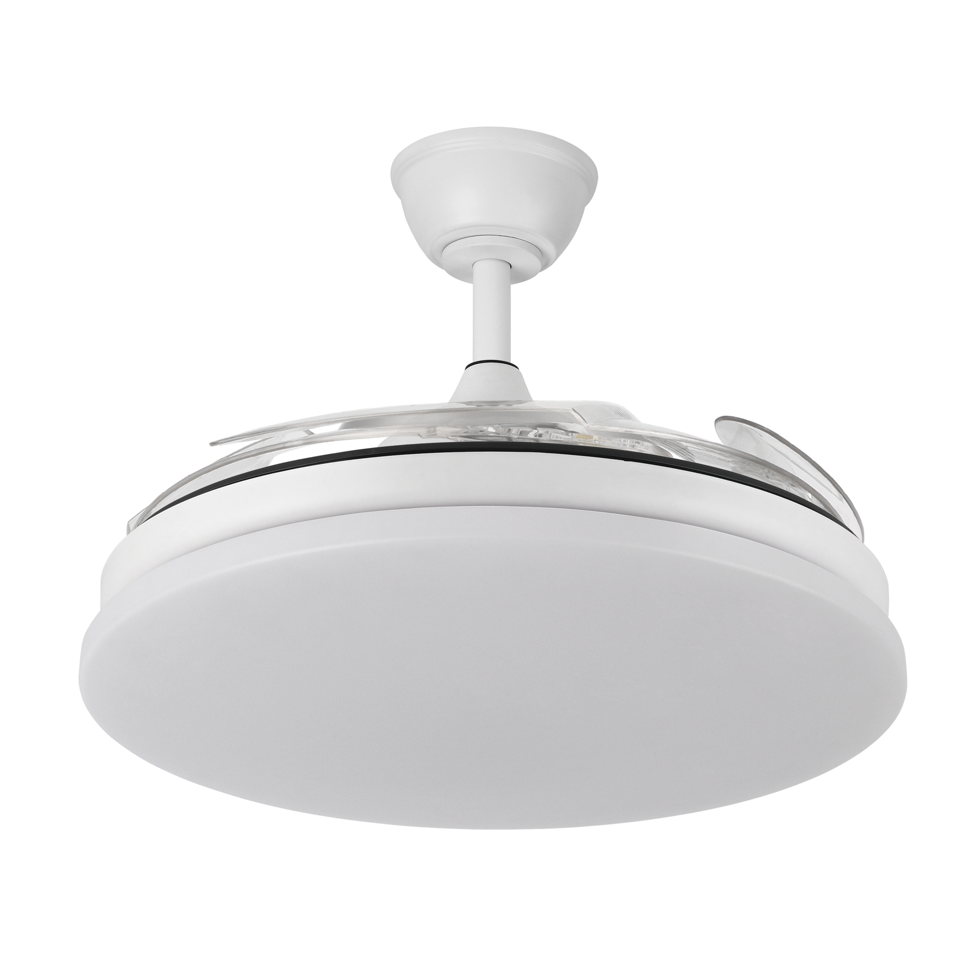 Ventilador de techo Tridente Blanco 59W de Abrila con LED integrado y aspas retráctiles, modelo 236391301. Ideal para uso doméstico interior, regulable en intensidad y adecuado para ventilación en verano e invierno.