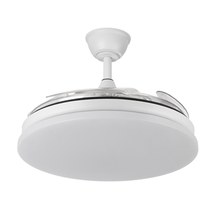 Ventilador de techo Tridente Blanco 59W de Abrila con LED integrado y aspas retráctiles, modelo 236391301. Ideal para uso doméstico interior, regulable en intensidad y adecuado para ventilación en verano e invierno.