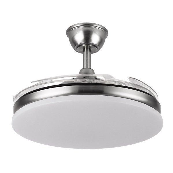 `alt=Ventilador de techo Tridente con aspas retráctiles en níquel, modelo Abrila, 59W, ideal para ventilación en verano e invierno, con iluminación LED regulable para interiores domésticos`