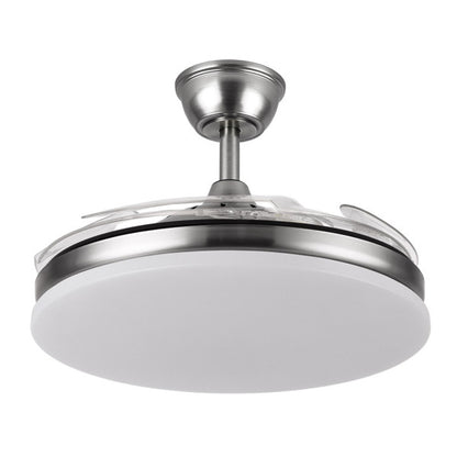 `alt=Ventilador de techo Tridente con aspas retráctiles en níquel, modelo Abrila, 59W, ideal para ventilación en verano e invierno, con iluminación LED regulable para interiores domésticos`