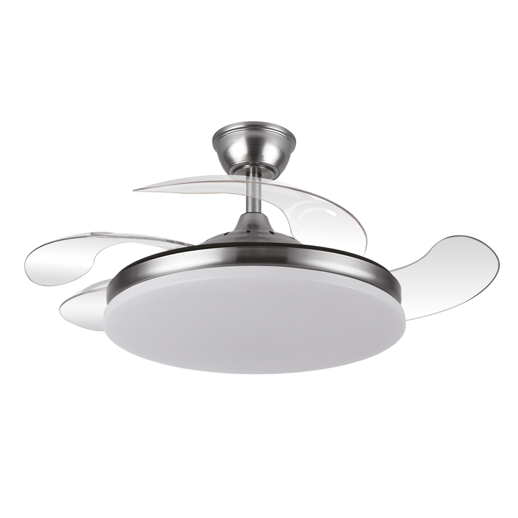 Ventilador de techo Tridente con aspas retráctiles en acabado níquel, modelo Abrila 236391303. Diseñado para uso doméstico interior, con iluminación LED regulable y eficiente ventilación para todo el año, verano e invierno.
