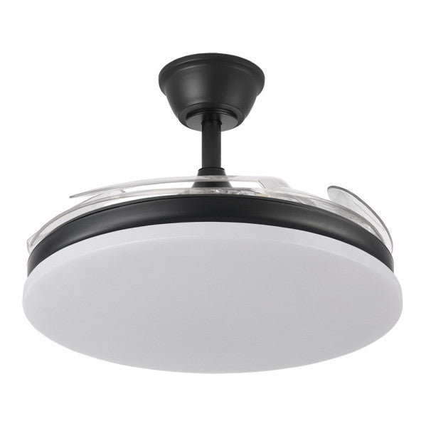 `alt=Ventilador DC Tridente 59W Negro 107cm de Abrila con aspas retráctiles, iluminación regulable, LED integrado y motor DC, ideal para ventilación en interiores domésticos durante todo el año`