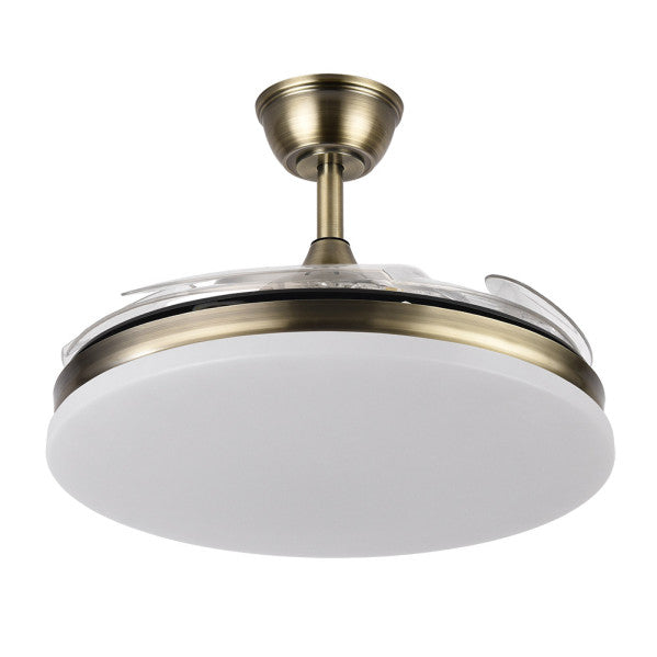 `alt=Ventilador de techo Tridente Cuero Abrila 59W con aspas retráctiles, iluminación LED regulable y ventilación para verano e invierno, modelo 236391314`