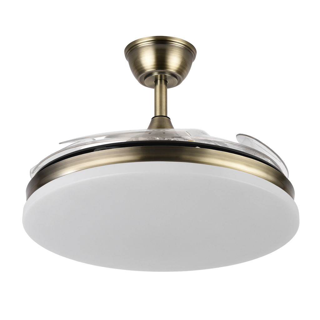 `alt=Ventilador de techo Tridente Cuero Abrila con iluminación LED y aspas retráctiles, ideal para interiores domésticos, regulable para verano e invierno, 59W, modelo 236391314`