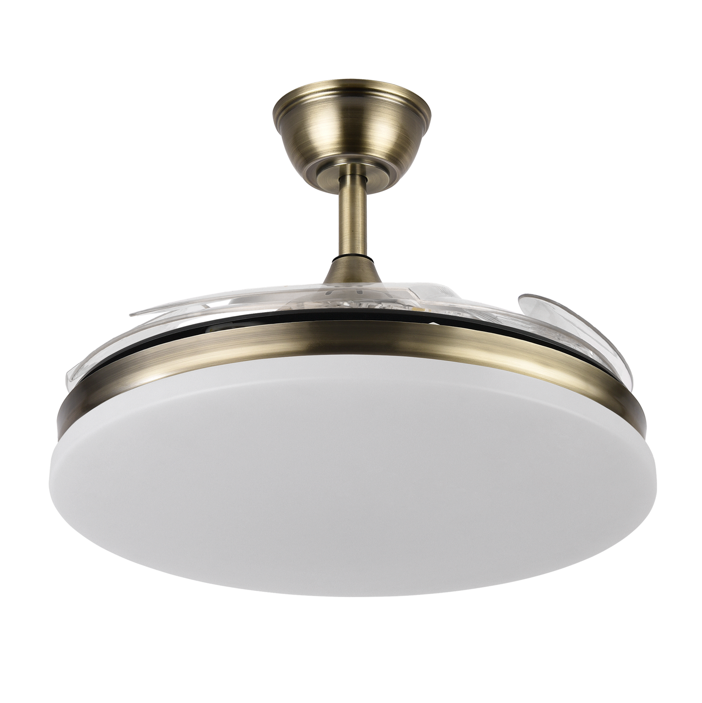 `alt=Ventilador de techo Tridente Cuero Abrila con iluminación LED y aspas retráctiles, ideal para interiores domésticos, regulable para verano e invierno, 59W, modelo 236391314`