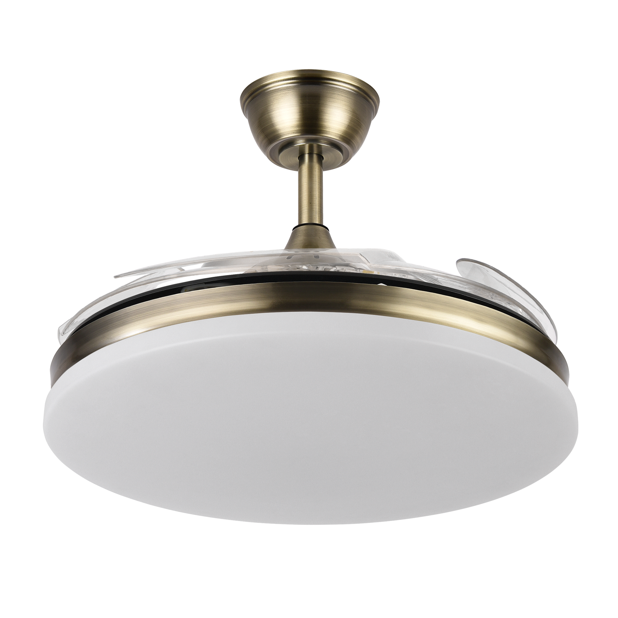 `alt=Ventilador de techo Tridente Cuero Abrila con iluminación LED y aspas retráctiles, ideal para interiores domésticos, regulable para verano e invierno, 59W, modelo 236391314`