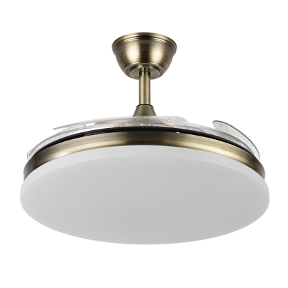 `alt=Ventilador de techo Tridente Cuero Abrila con iluminación LED y aspas retráctiles, ideal para interiores domésticos, regulable para verano e invierno, 59W, modelo 236391314`