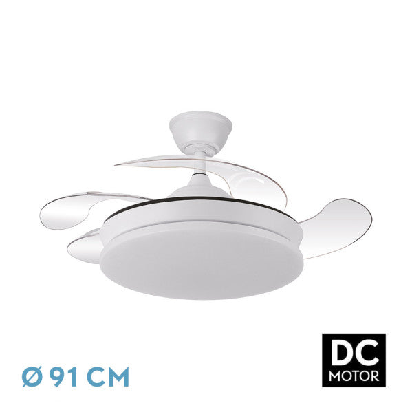 Ventilador de techo Tridente Mini Blanco de 59W de Abrila con iluminación LED regulable, motor DC y mando a distancia. Diseño moderno con aspas retráctiles, ideal para interiores. Modelo 236399001.