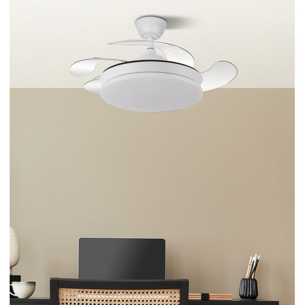 Ventilador de techo Tridente Mini Blanco 59W de Abrila con aspas retráctiles, iluminación LED regulable, mando a distancia y motor DC para uso interior.