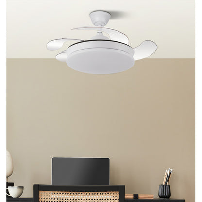 Ventilador de techo Tridente Mini Blanco 59W de Abrila con aspas retráctiles, iluminación LED regulable, mando a distancia y motor DC para uso interior.