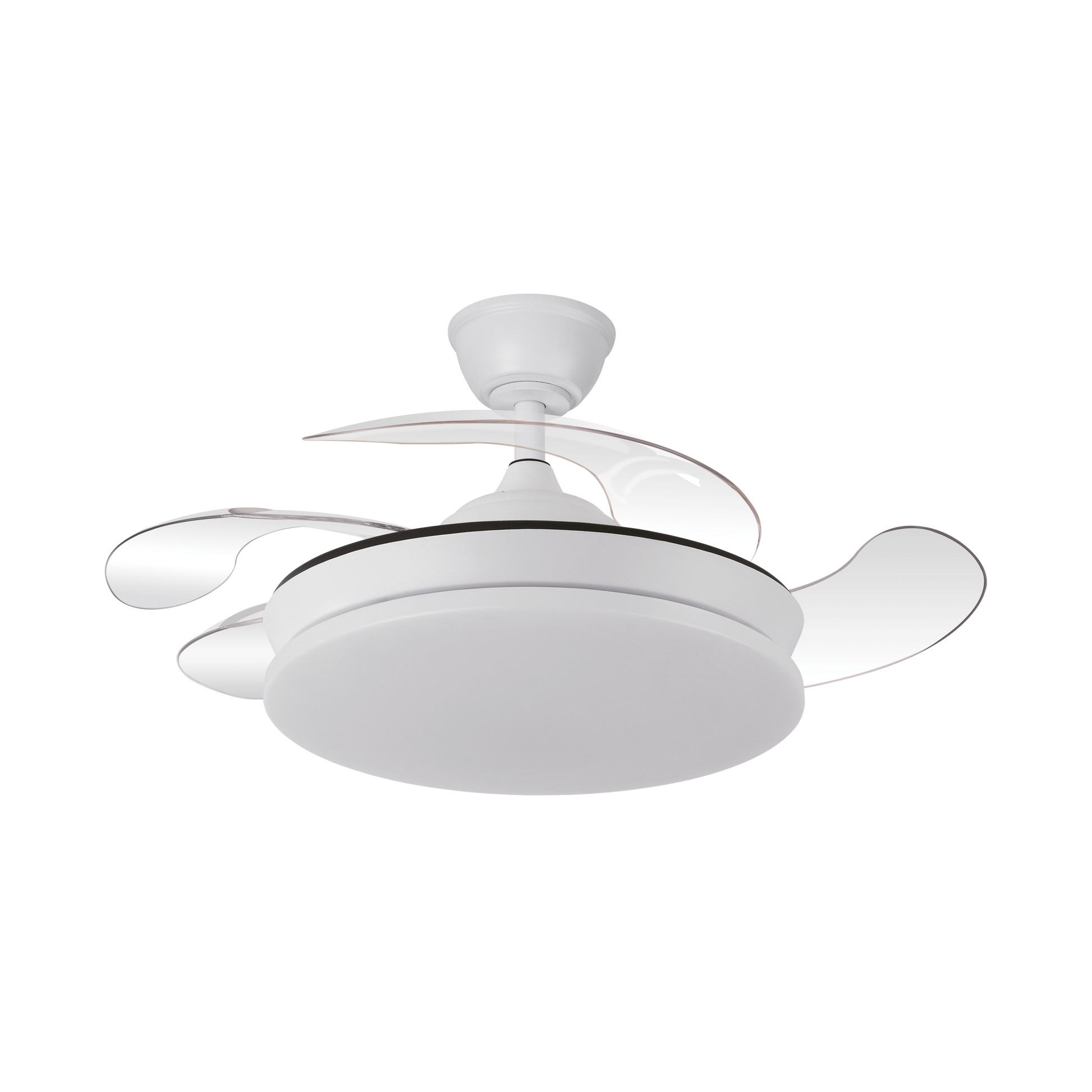 Ventilador de techo Tridente Mini Blanco 59W de Abrila con aspas retráctiles, iluminación LED regulable, mando a distancia y motor DC, ideal para interiores.