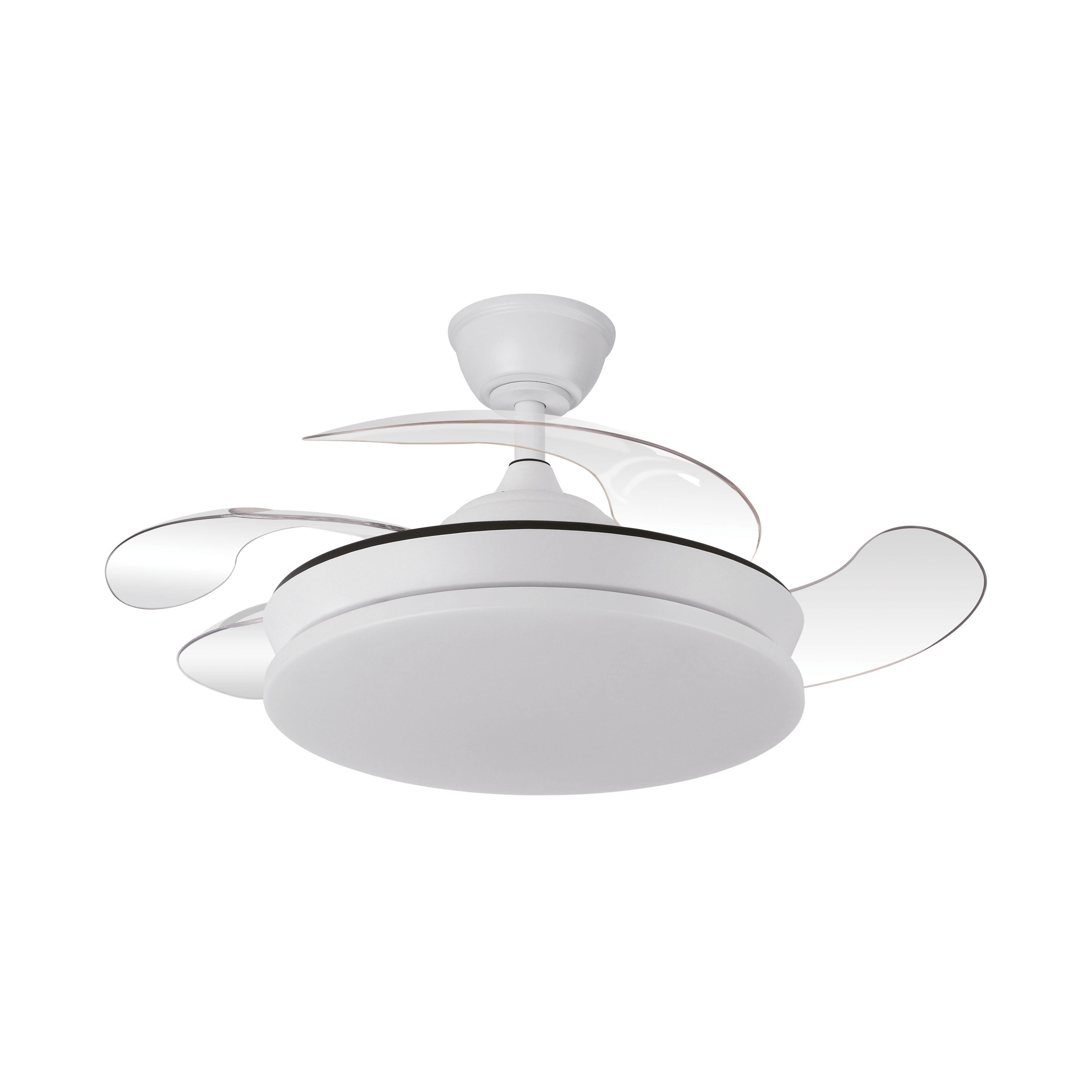 Ventilador de techo Tridente Mini Blanco 59W de Abrila con aspas retráctiles, iluminación LED regulable, mando a distancia y motor DC, ideal para interiores.