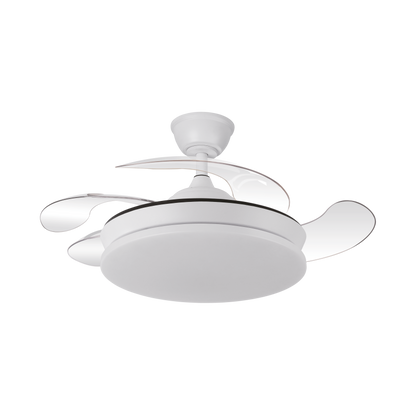 Ventilador de techo Tridente Mini Blanco 59W de Abrila con aspas retráctiles, iluminación LED regulable, mando a distancia y motor DC, ideal para interiores.