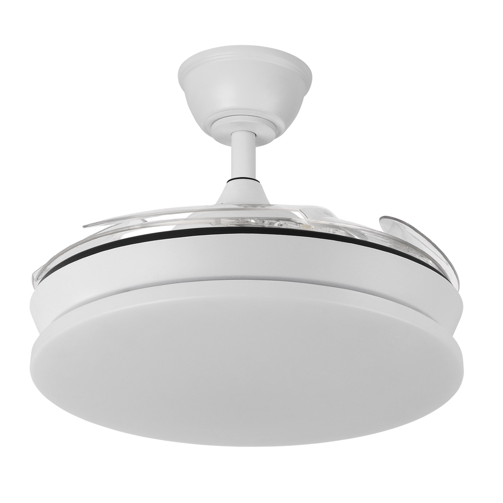 Ventilador de techo Tridente Mini Blanco de 59W con iluminación LED y mando a distancia, modelo 236399001 de Abrila. Diseño moderno con aspas retráctiles, ideal para interiores. Motor DC eficiente y regulación de luz integrada.