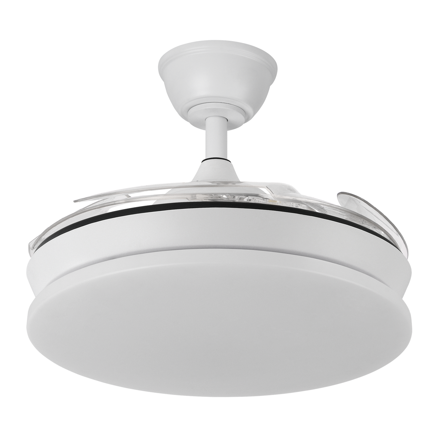 Ventilador de techo Tridente Mini Blanco de 59W con iluminación LED y mando a distancia, modelo 236399001 de Abrila. Diseño moderno con aspas retráctiles, ideal para interiores. Motor DC eficiente y regulación de luz integrada.