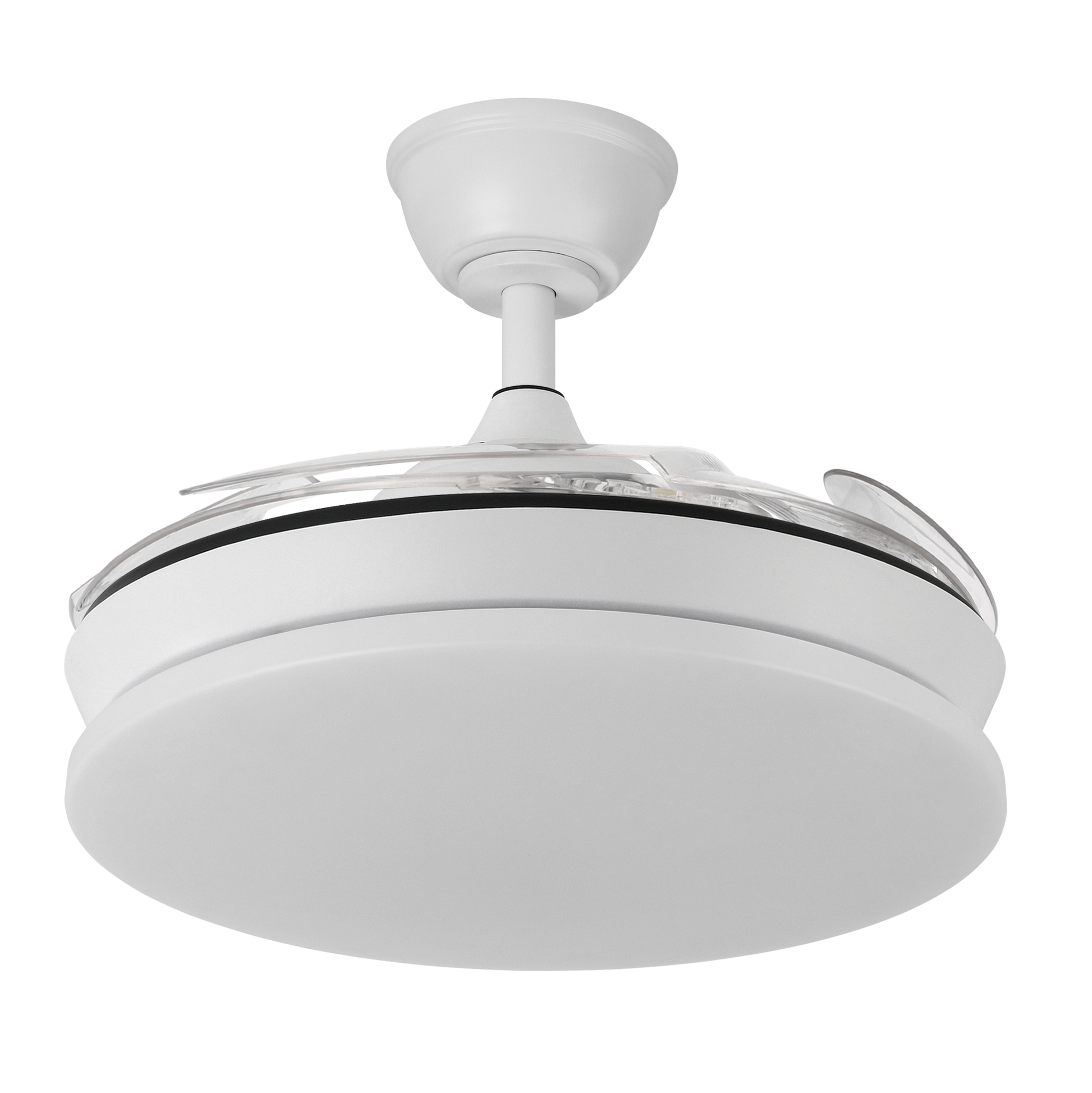 Ventilador de techo Tridente Mini Blanco de 59W con iluminación LED y mando a distancia, modelo 236399001 de Abrila. Diseño moderno con aspas retráctiles, ideal para interiores. Motor DC eficiente y regulación de luz integrada.