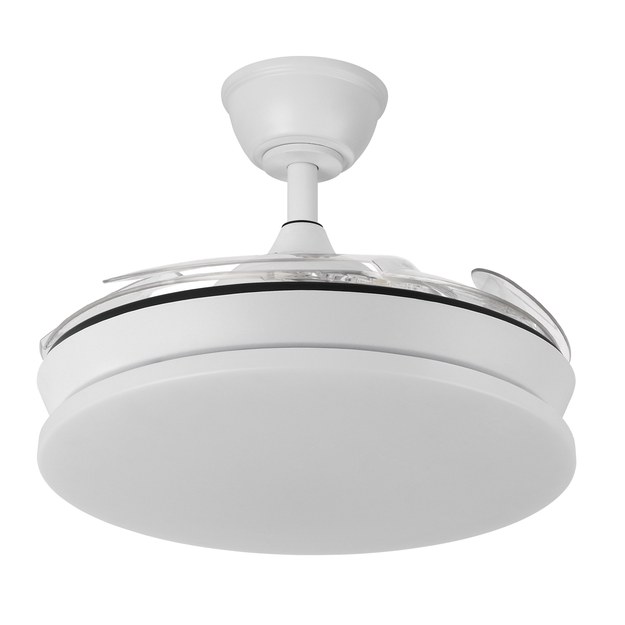 Ventilador de techo Tridente Mini Blanco de 59W con iluminación LED y mando a distancia, modelo 236399001 de Abrila. Diseño moderno con aspas retráctiles, ideal para interiores. Motor DC eficiente y regulación de luz integrada.