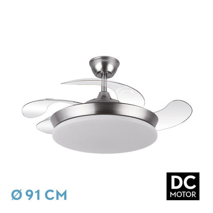 Ventilador de techo Tridente Mini en acabado níquel, modelo 236399003 de Abrila. Diseño moderno con aspas retráctiles y motor DC para un funcionamiento silencioso. Incluye iluminación LED integrada con regulación de intensidad, ideal para uso doméstico en interiores. Tecnología AI2 para un rendimiento óptimo y eficiencia energética de 59W.