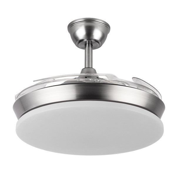 Ventilador de techo Tridente Mini en acabado níquel, con un consumo de 59W. Modelo Abrila 236399003, ideal para uso doméstico interior. Incluye iluminación LED integrada con regulación de intensidad, motor DC silencioso y aspas retráctiles para un diseño compacto y funcional.