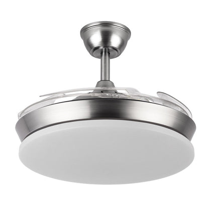 Ventilador de techo Tridente Mini en acabado níquel, con un consumo de 59W. Modelo Abrila 236399003, ideal para uso doméstico interior. Incluye iluminación LED integrada con regulación de intensidad, motor DC silencioso y aspas retráctiles para un diseño compacto y funcional.