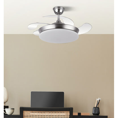 Ventilador de techo Tridente Mini en níquel con motor DC y LED integrado, modelo Abrila 236399003. Diseñado para uso doméstico interior, cuenta con aspas retráctiles y iluminación regulable, ofreciendo un funcionamiento silencioso y eficiente con un consumo de 59W.