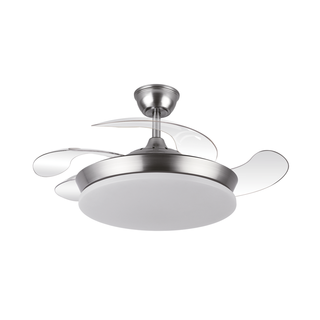 Ventilador de techo Tridente Mini en color níquel, modelo Abrila 236399003. Diseño moderno con aspas retráctiles y motor DC para un funcionamiento silencioso. Incluye iluminación LED integrada con regulación de intensidad, ideal para uso doméstico en interiores. Potencia de 59W, perteneciente a la serie AI2.