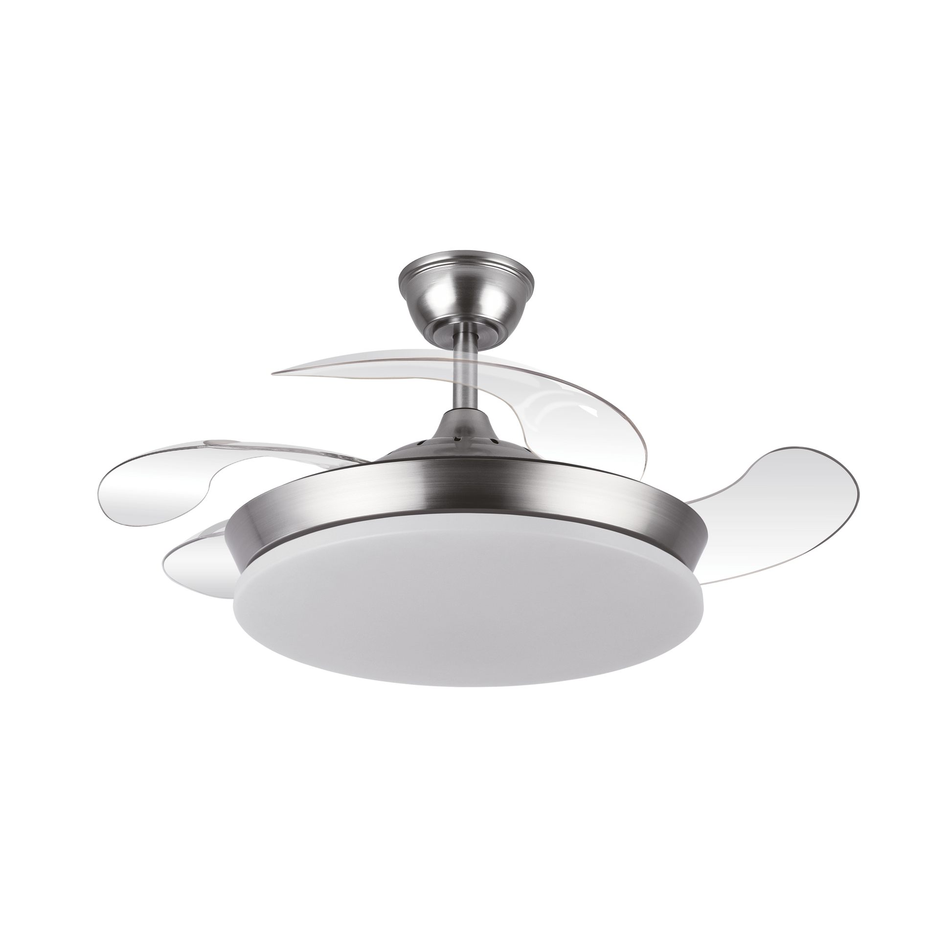 Ventilador de techo Tridente Mini en color níquel, modelo Abrila 236399003. Diseño moderno con aspas retráctiles y motor DC para un funcionamiento silencioso. Incluye iluminación LED integrada con regulación de intensidad, ideal para uso doméstico en interiores. Potencia de 59W, perteneciente a la serie AI2.