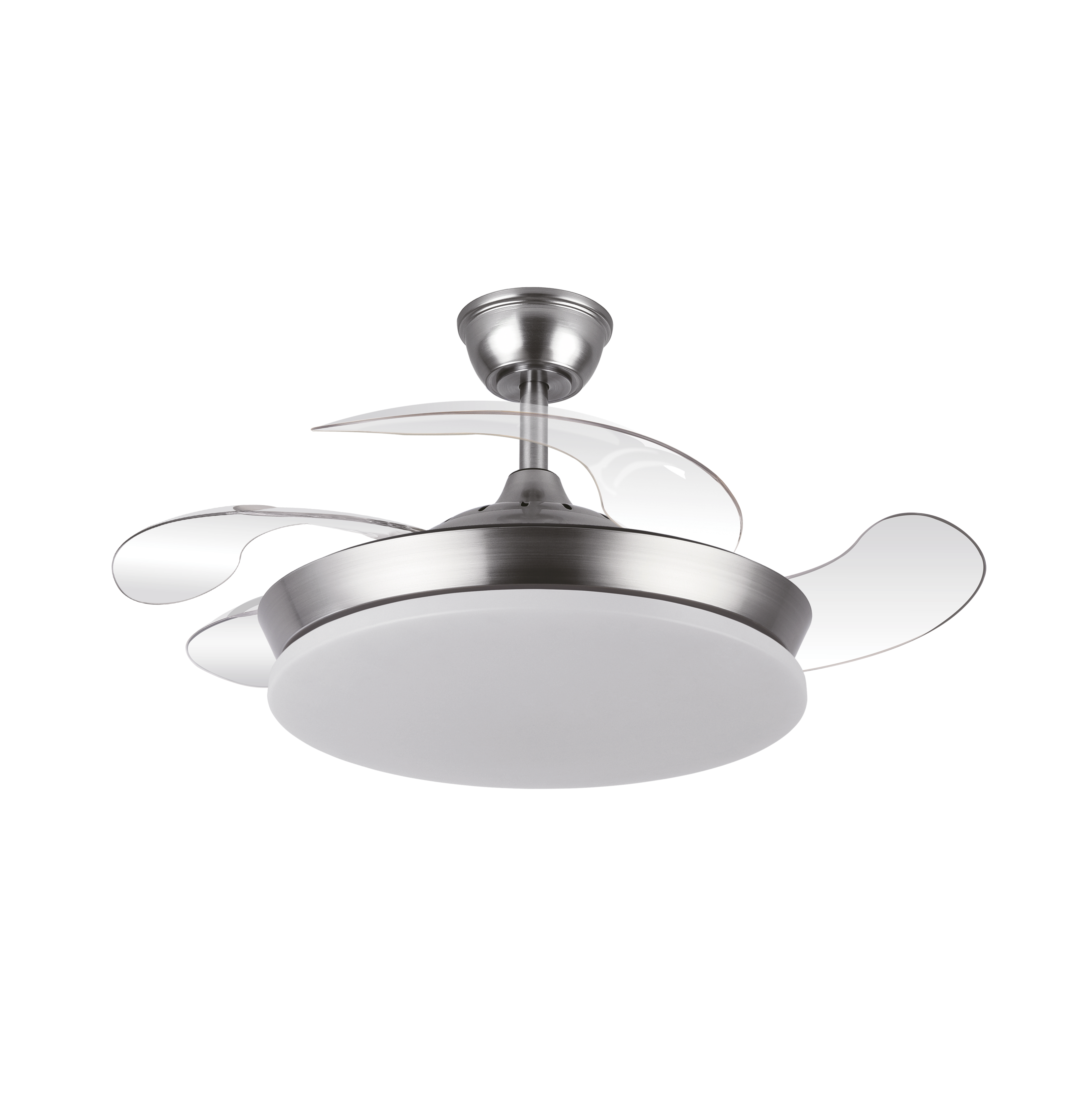 Ventilador de techo Tridente Mini en color níquel, modelo Abrila 236399003. Diseño moderno con aspas retráctiles y motor DC para un funcionamiento silencioso. Incluye iluminación LED integrada con regulación de intensidad, ideal para uso doméstico en interiores. Potencia de 59W, perteneciente a la serie AI2.