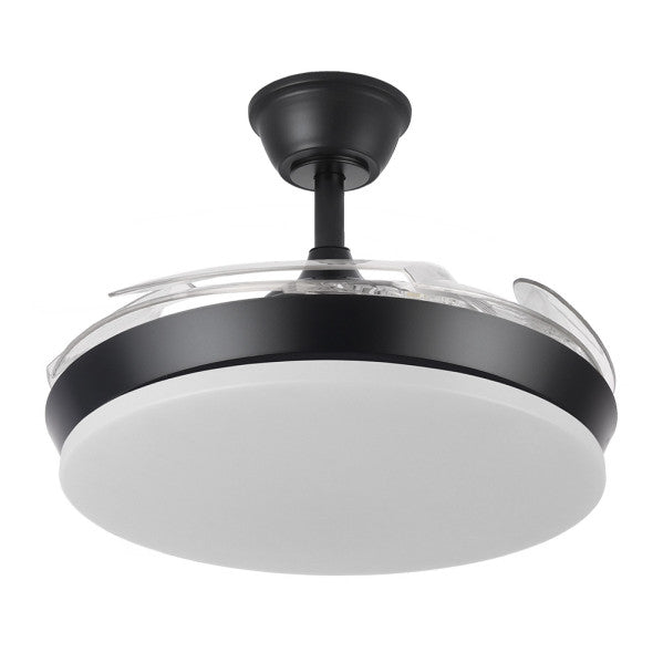 `alt=Ventilador de techo LED Tridente Mini Negro de Abrila con motor DC y aspas retráctiles, regulable en intensidad, modelo 236399009`