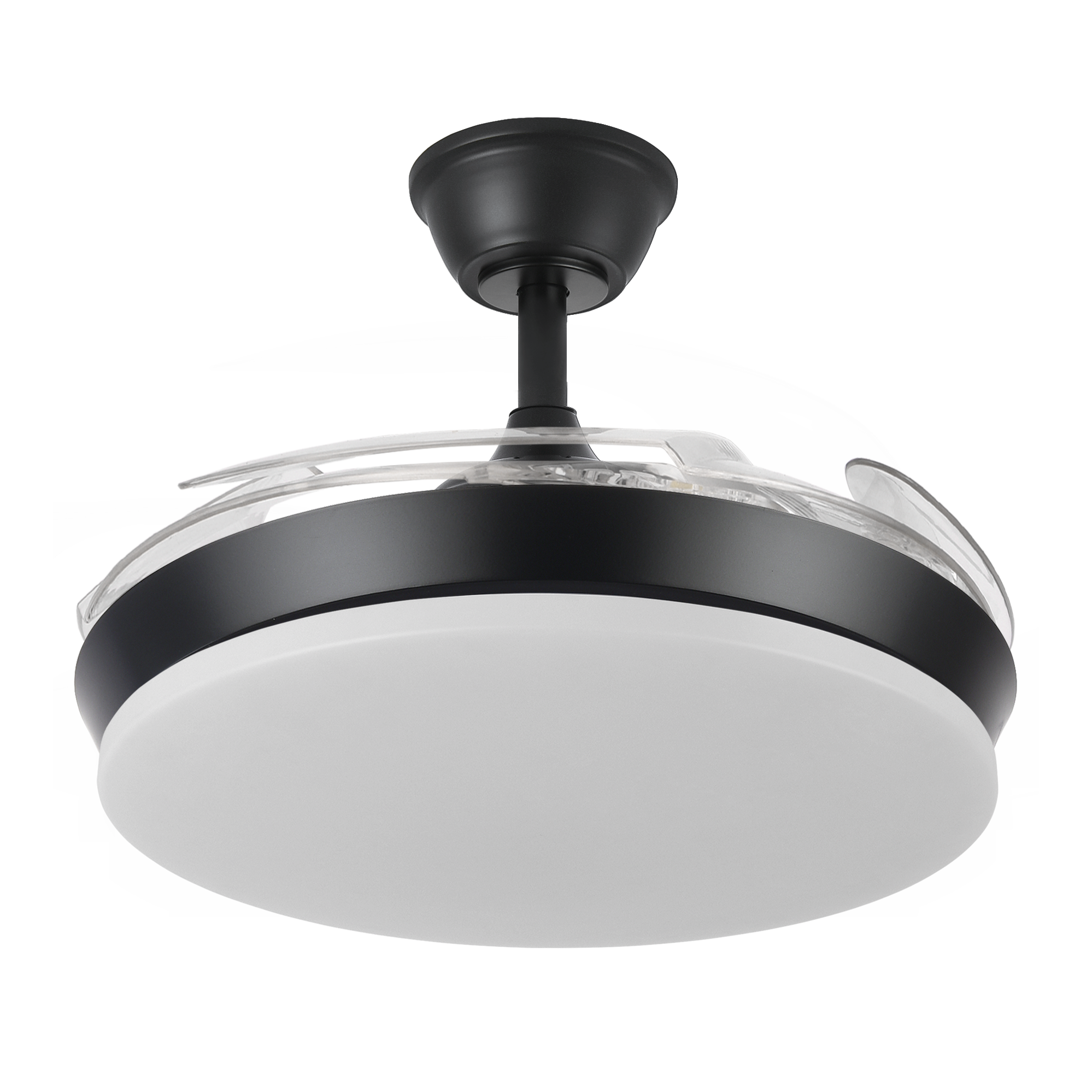 `alt=Ventilador de techo LED Tridente Mini Negro de Abrila con motor DC y aspas retráctiles, regulable en intensidad, modelo 236399009`