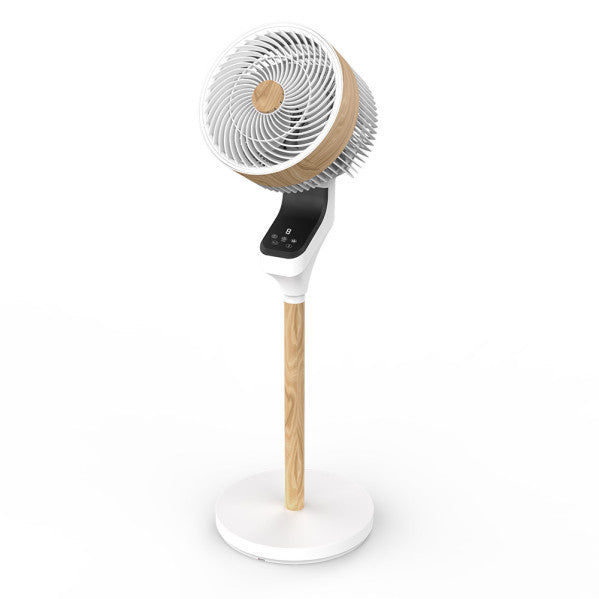 Ventilador de pie Bizancio en blanco/haya, modelo Abrila 236941068, 50W. Diseño moderno y funcional para interiores domésticos. Fabricado con materiales duraderos como metal, ABS y policarbonato. Función oscilante para una mejor distribución del aire y temporizador para un uso eficiente. Ideal para mantener frescos los espacios interiores.