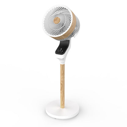 Ventilador de pie Bizancio en blanco/haya, modelo Abrila 236941068, 50W. Diseño moderno y funcional para interiores domésticos. Fabricado con materiales duraderos como metal, ABS y policarbonato. Función oscilante para una mejor distribución del aire y temporizador para un uso eficiente. Ideal para mantener frescos los espacios interiores.