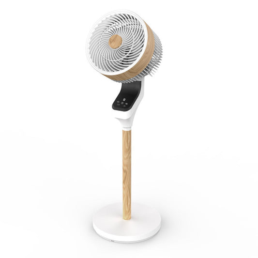 Ventilador de pie Bizancio en blanco/haya, modelo Abrila 236941068, 50W. Diseño moderno y funcional para interiores domésticos. Fabricado con materiales duraderos como metal, ABS y policarbonato. Función oscilante para una mejor distribución del aire y temporizador para un uso eficiente. Ideal para mantener frescos los espacios interiores.