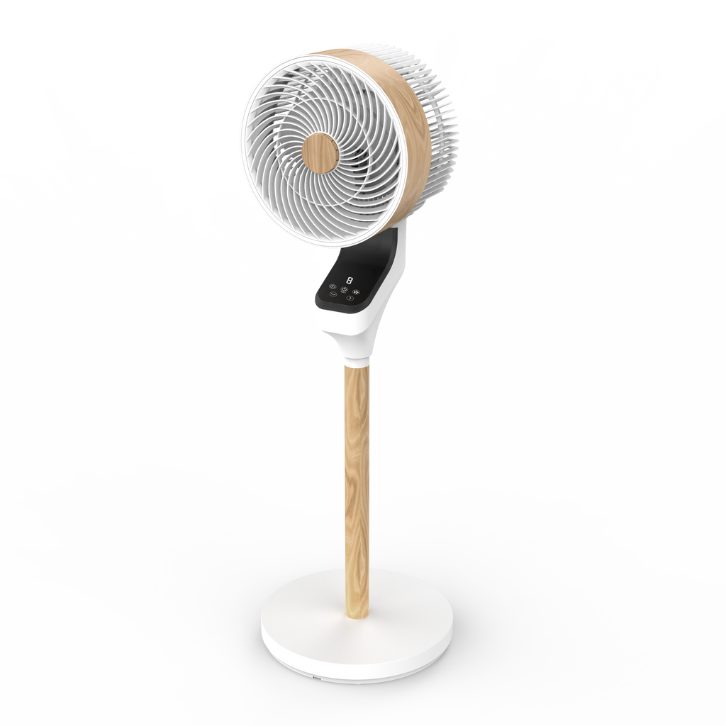 Ventilador de Pie Bizancio Blanco/Haya 50W de Abrila, modelo 236941068. Ventilador oscilante con temporizador, ideal para interiores domésticos. Fabricado en metal, ABS y policarbonato, en color blanco/haya.