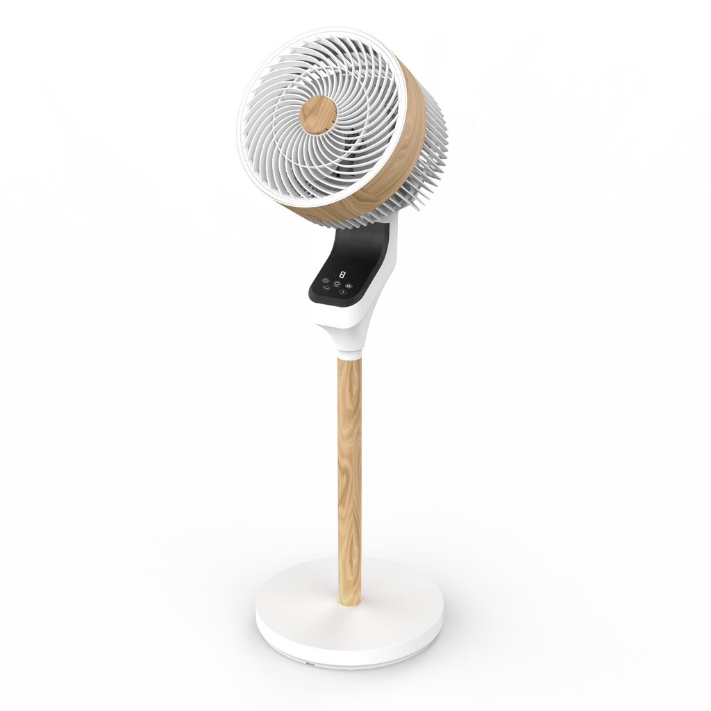 `alt=Ventilador de Pie Bizancio Blanco/Haya 50W de Abrila, modelo 236941068, oscilante con temporizador, ideal para interiores domésticos, fabricado en metal, ABS y policarbonato`