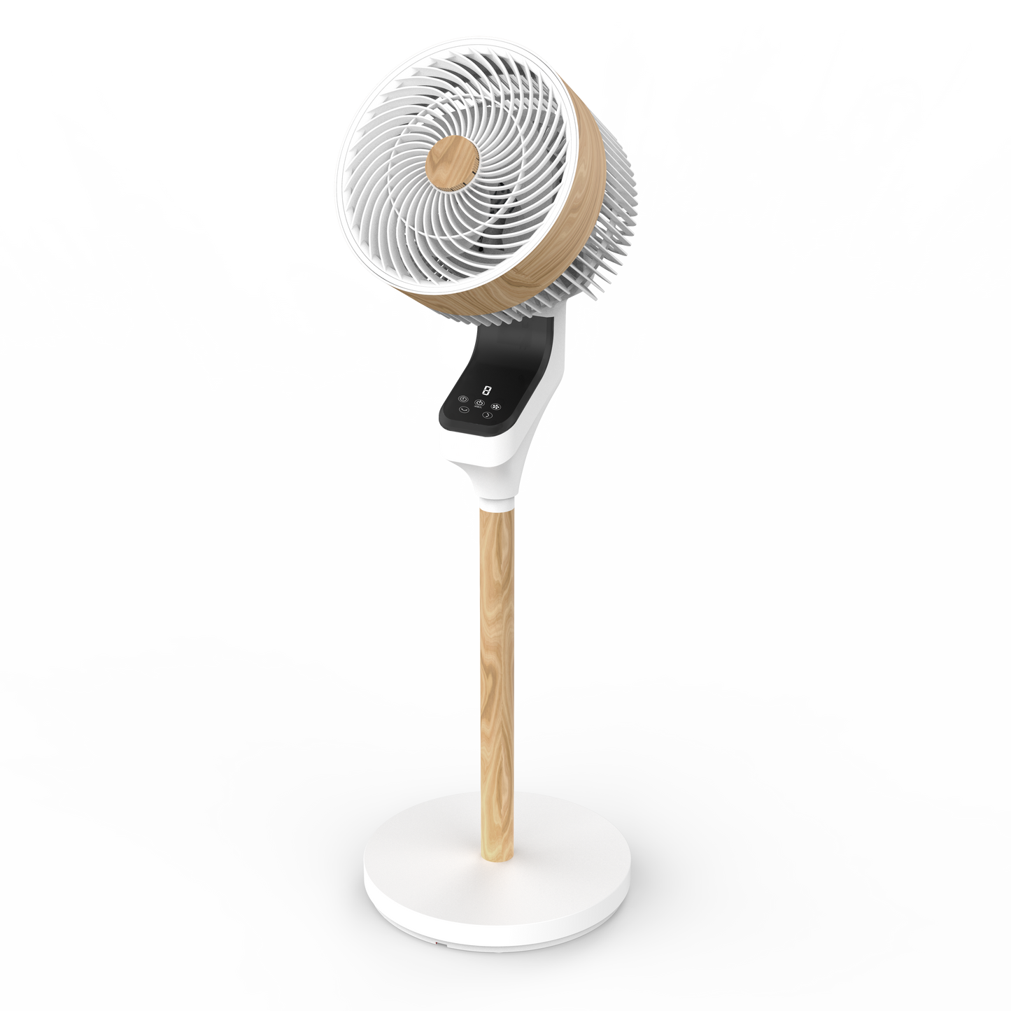 `alt=Ventilador de Pie Bizancio Blanco/Haya 50W de Abrila, modelo 236941068, oscilante con temporizador, ideal para interiores domésticos, fabricado en metal, ABS y policarbonato`