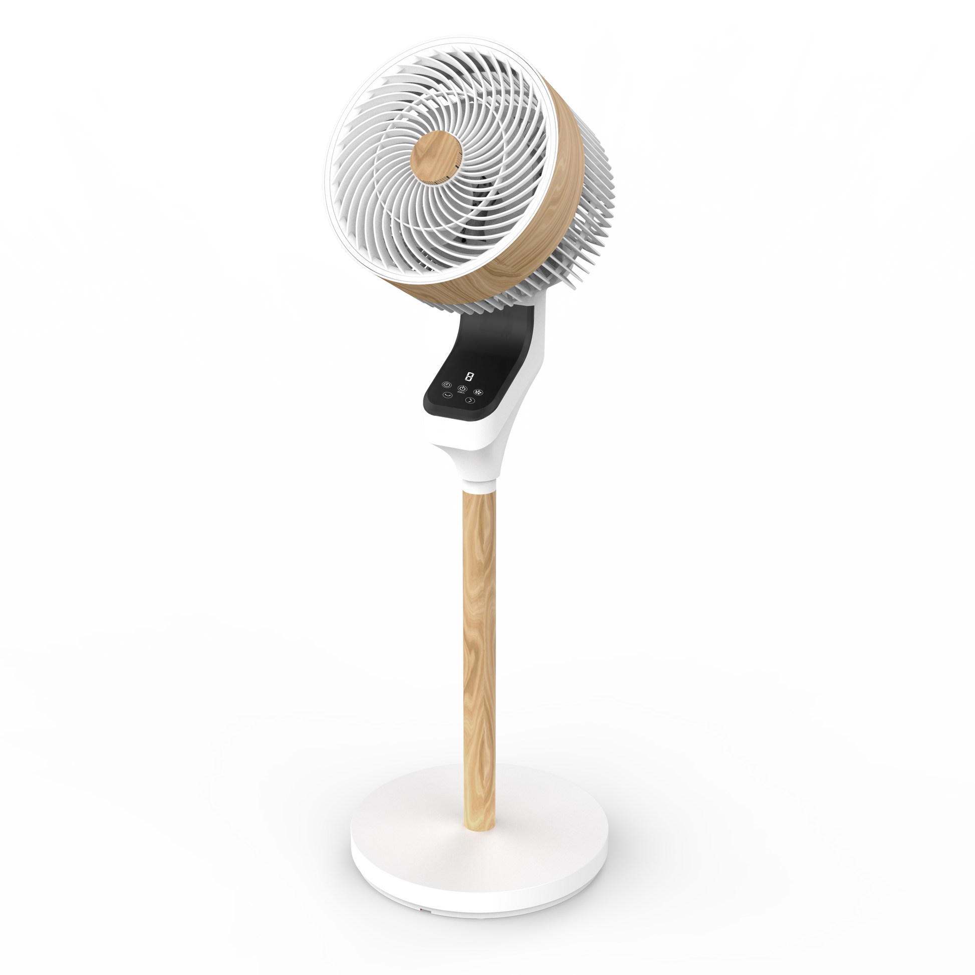 `alt=Ventilador de Pie Bizancio Blanco/Haya 50W de Abrila, modelo 236941068, oscilante con temporizador, ideal para interiores domésticos, fabricado en metal, ABS y policarbonato`