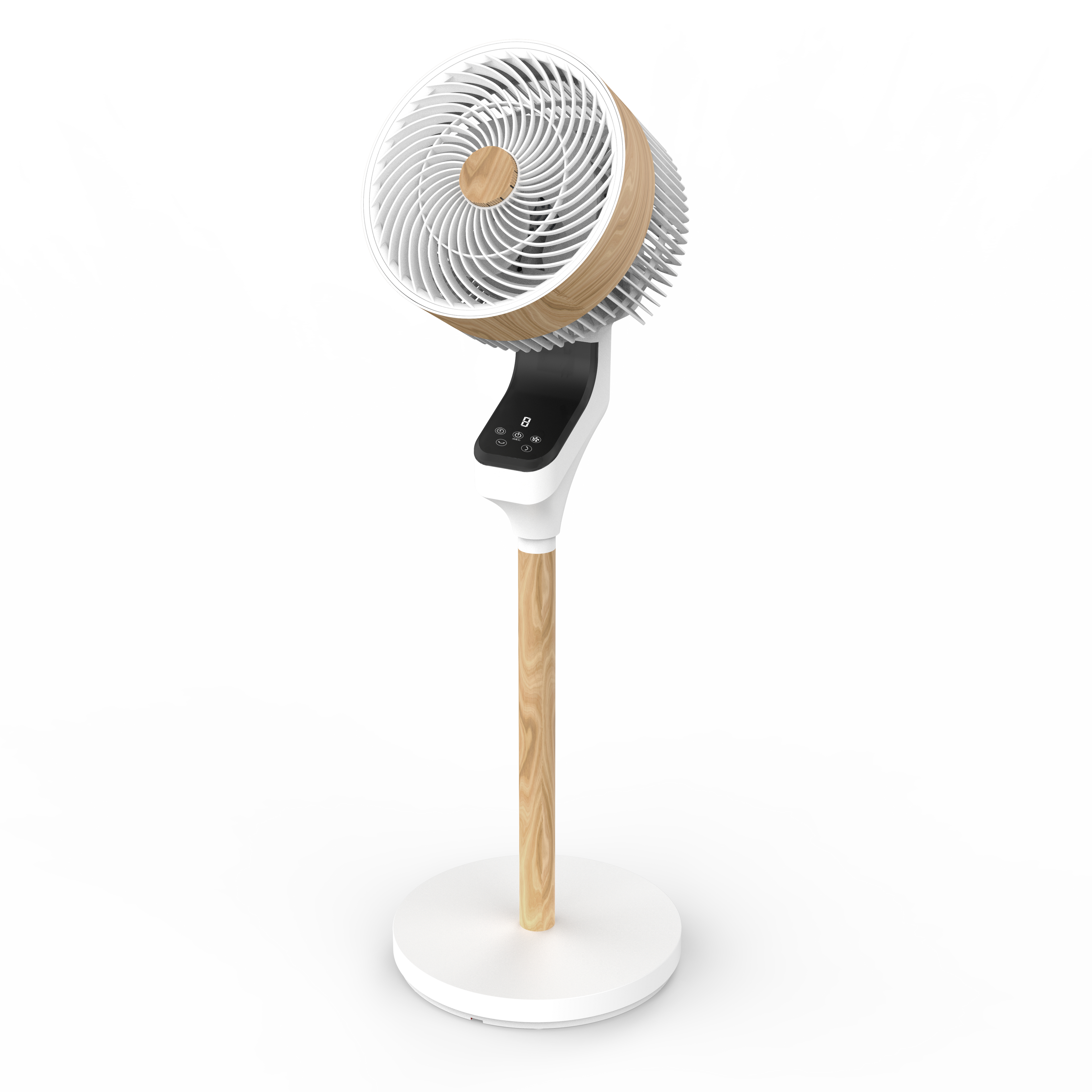 `alt=Ventilador de Pie Bizancio Blanco/Haya 50W de Abrila, modelo 236941068, oscilante con temporizador, ideal para interiores domésticos, fabricado en metal, ABS y policarbonato`