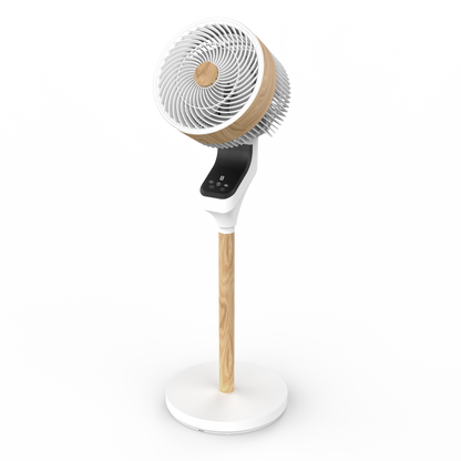 `alt=Ventilador de Pie Bizancio Blanco/Haya 50W de Abrila, modelo 236941068, oscilante con temporizador, ideal para interiores domésticos, fabricado en metal, ABS y policarbonato`