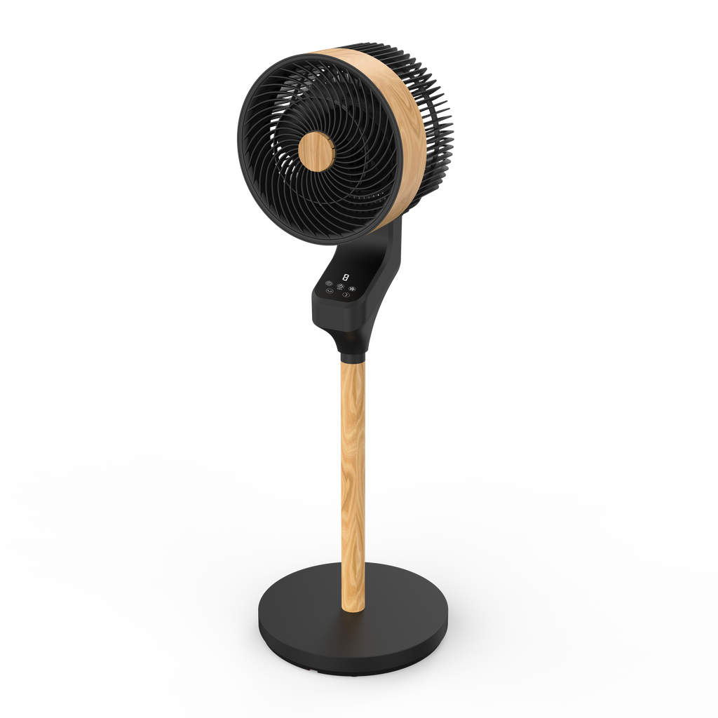 Ventilador de pie Bizancio en color negro/haya, modelo Abrila 236941088. Diseño moderno y funcional con oscilación y temporizador. Fabricado en metal y policarbonato, incluye mando a distancia para un uso cómodo en interiores domésticos. Potencia de 50W.