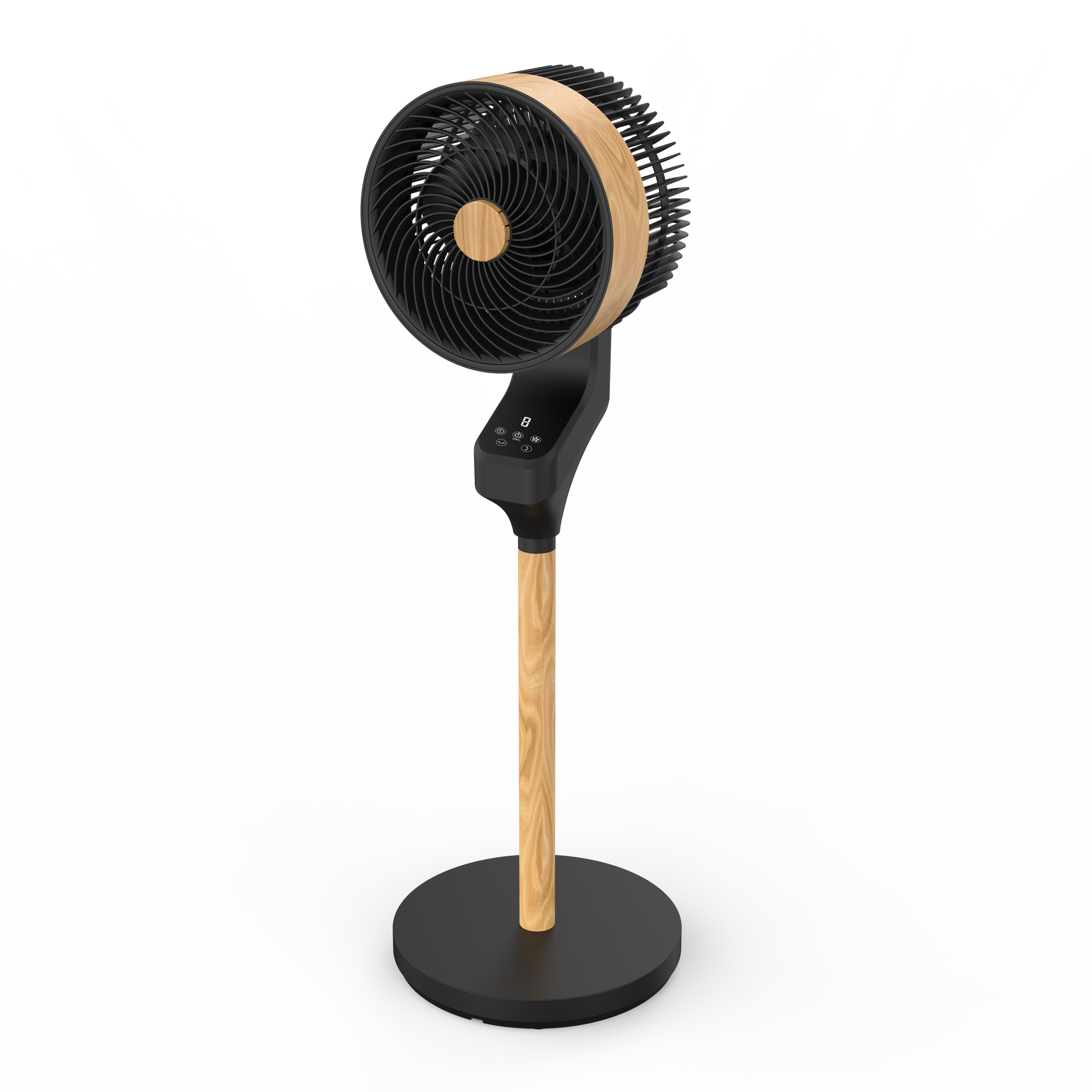 Ventilador de pie Bizancio en color negro/haya, modelo Abrila 236941088. Diseño moderno y funcional con oscilación y temporizador. Fabricado en metal y policarbonato, incluye mando a distancia para un uso cómodo en interiores domésticos. Potencia de 50W.