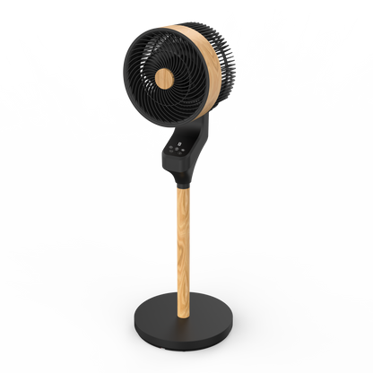 Ventilador de pie Bizancio en color negro/haya, modelo Abrila 236941088. Diseño moderno y funcional con oscilación y temporizador. Fabricado en metal y policarbonato, incluye mando a distancia para un uso cómodo en interiores domésticos. Potencia de 50W.