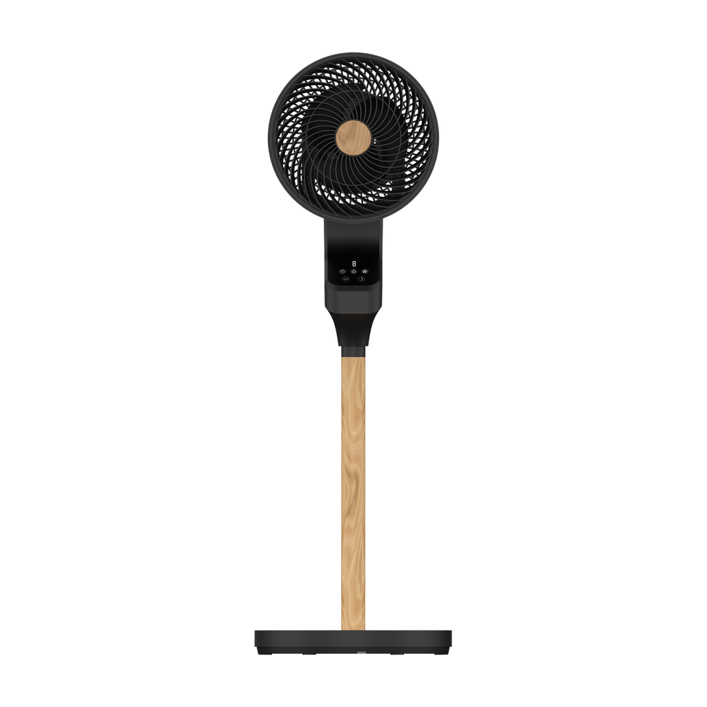 `alt=Ventilador de Pie Bizancio Negro/Haya 50W de Abrila con mando remoto y temporizador, oscilante y diseño en metal y policarbonato`