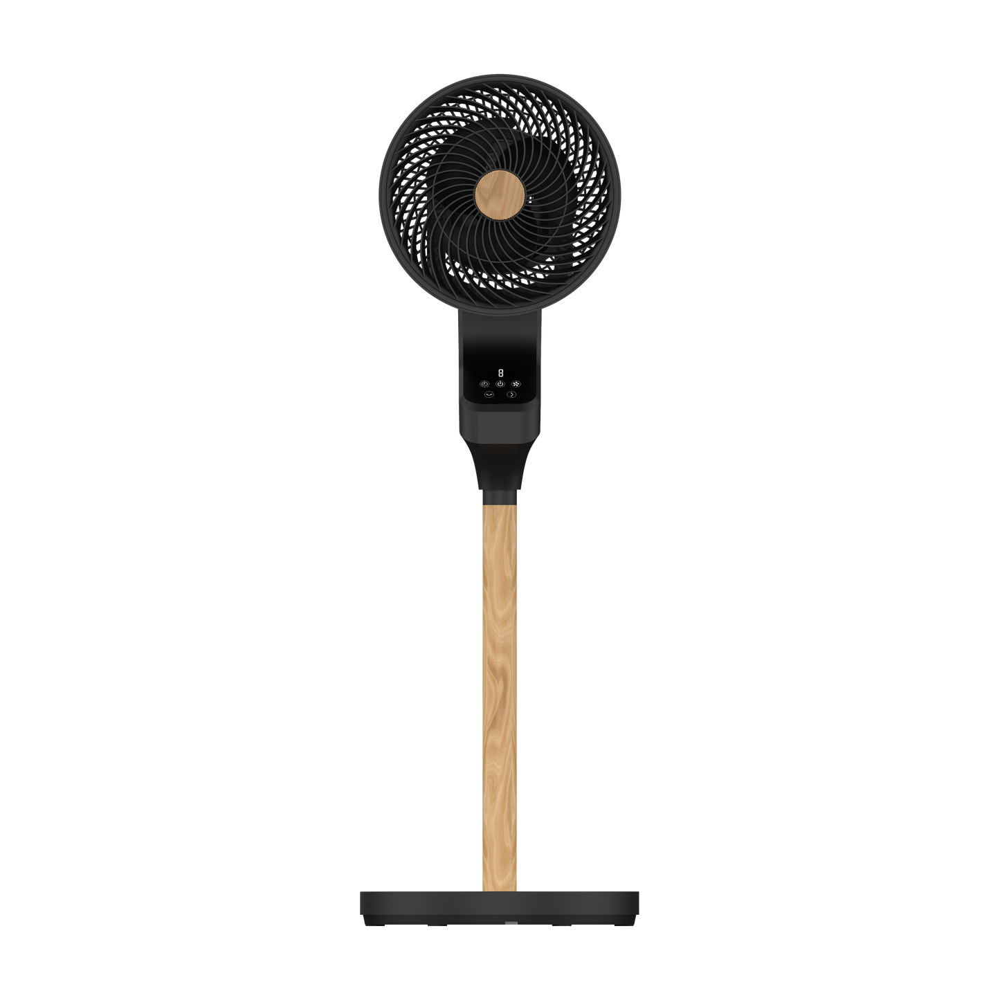 `alt=Ventilador de Pie Bizancio Negro/Haya 50W de Abrila con mando remoto y temporizador, oscilante y diseño en metal y policarbonato`