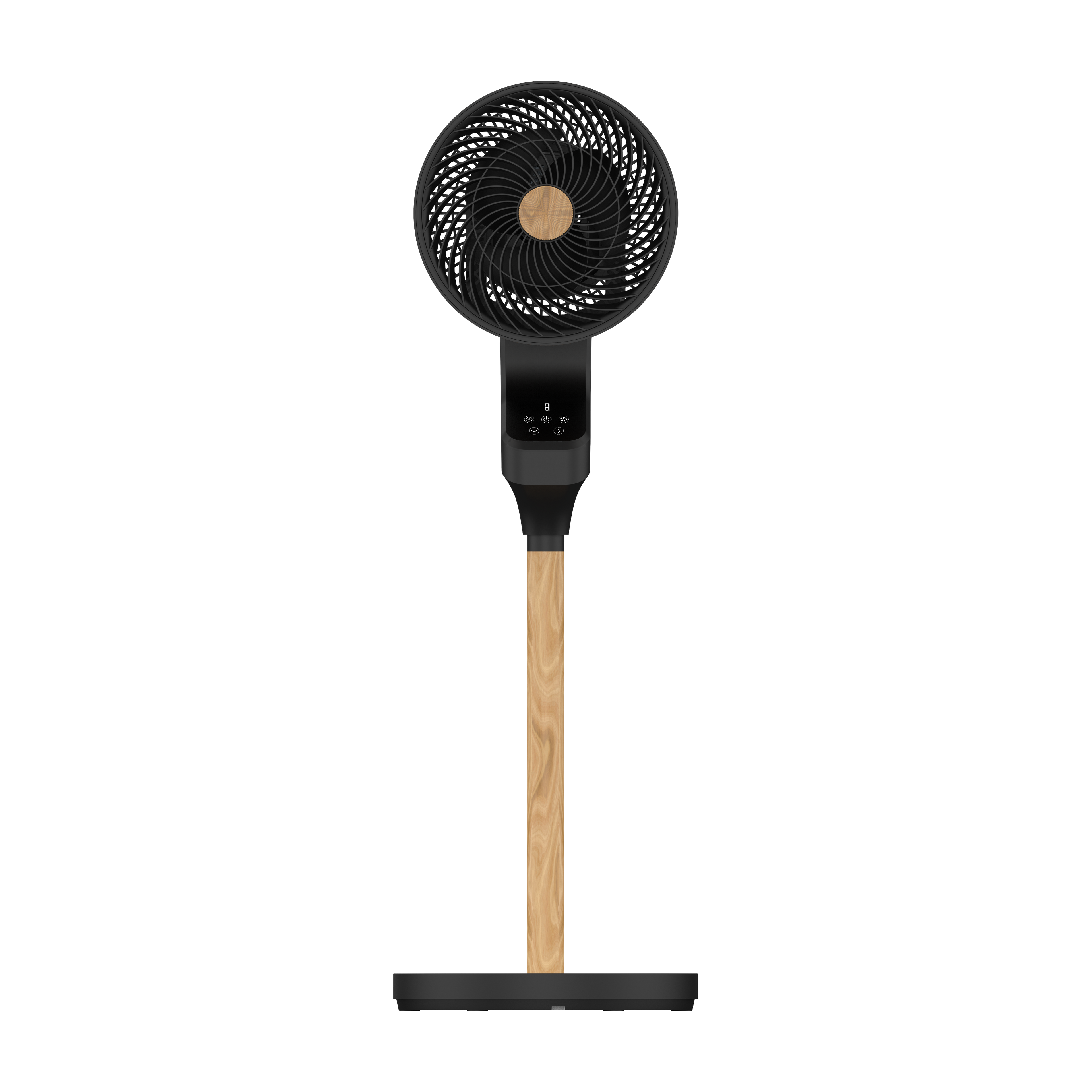 `alt=Ventilador de Pie Bizancio Negro/Haya 50W de Abrila con mando remoto y temporizador, oscilante y diseño en metal y policarbonato`